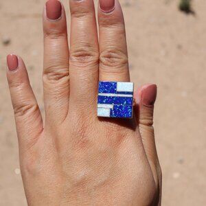 Native American Handmade Inlaid Opal Square Ring Navajo Sterling Silver Sz 10US*